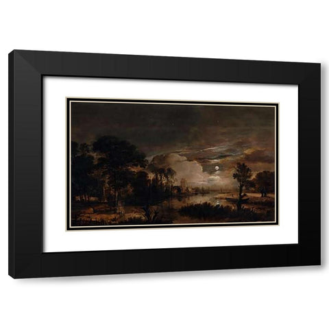 Moonlit Landscape with a View of the New Amstel River and Castle Kostverloren Black Modern Wood Framed Art Print with Double Matting by Van Der Neer, Aert