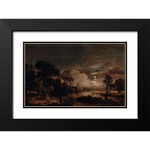 Moonlit Landscape with a View of the New Amstel River and Castle Kostverloren Black Modern Wood Framed Art Print with Double Matting by Van Der Neer, Aert