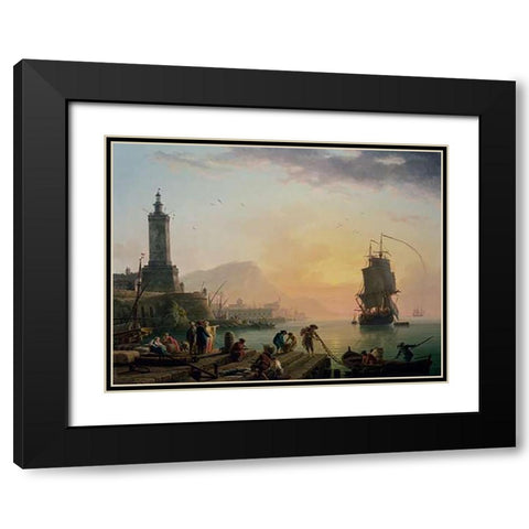 A Calm at a Mediterranean Port Black Modern Wood Framed Art Print with Double Matting by Vernet, Claude-Joseph