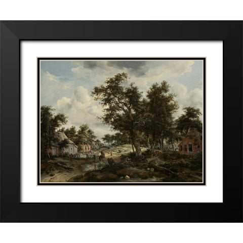 A Wooded Landscape with Travelers on a Path through a Hamlet Black Modern Wood Framed Art Print with Double Matting by Hobbema, Meindert