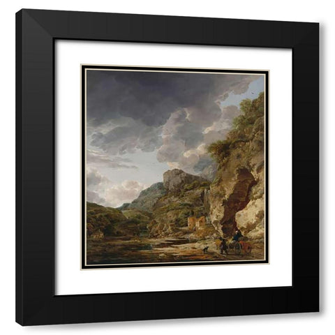 Mountain Landscape with River and Wagon Black Modern Wood Framed Art Print with Double Matting by Nauwincx, Herman and Schellinks, Willem