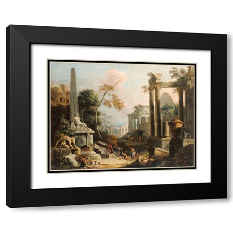 Landscape with Classical Ruins and Figures Black Modern Wood Framed Art Print with Double Matting by Ricci, Marco