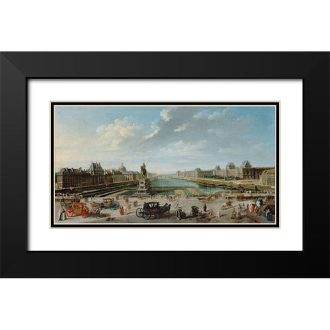 A View of Paris from the Pont Neuf Black Modern Wood Framed Art Print with Double Matting by Raguenet, Jean-Baptiste