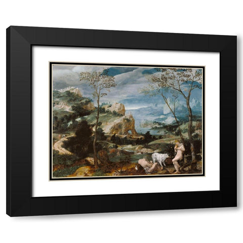 Landscape with Mercury and Argus Black Modern Wood Framed Art Print with Double Matting by Painter, Unknown 16th Century Flemish