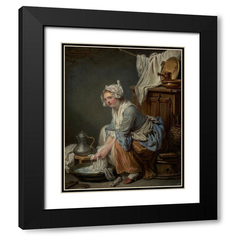 The Laundress (La Blanchisseuse) Black Modern Wood Framed Art Print with Double Matting by Greuze, Jean-Baptiste