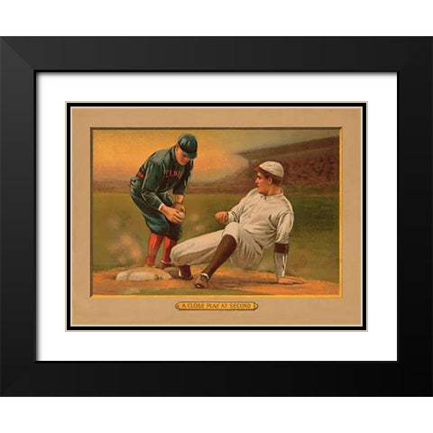 A Close Play at Second, Baseball Card Black Modern Wood Framed Art Print with Double Matting by American Tobacco Company