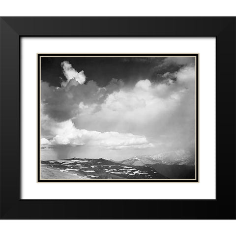 Mountain tops, low horizon, dramatic clouded sky, in Rocky Mountain National Park, Colorado, ca. 194 Black Modern Wood Framed Art Print with Double Matting by Adams, Ansel