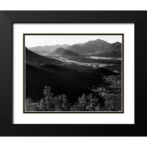Valley surrounded by mountains, in Rocky Mountain National Park, Colorado, ca. 1941-1942 Black Modern Wood Framed Art Print with Double Matting by Adams, Ansel