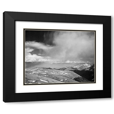Mountain tops, low horizen, low hanging clouds, in Rocky Mountain National Park, Colorado, ca. 1941- Black Modern Wood Framed Art Print with Double Matting by Adams, Ansel