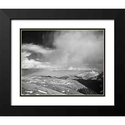 Mountain tops, low horizen, low hanging clouds, in Rocky Mountain National Park, Colorado, ca. 1941- Black Modern Wood Framed Art Print with Double Matting by Adams, Ansel