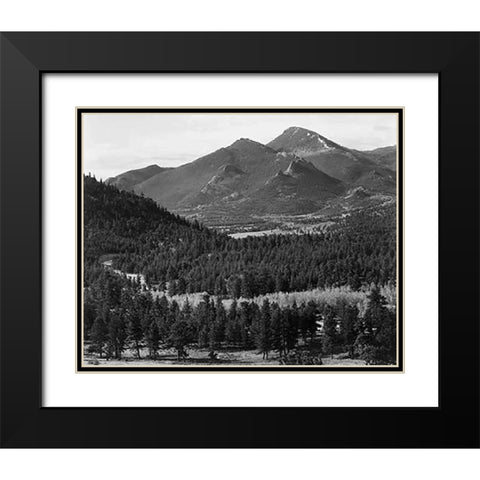 View with trees in foreground, barren mountains in background, in Rocky Mountain National Park, Colo Black Modern Wood Framed Art Print with Double Matting by Adams, Ansel