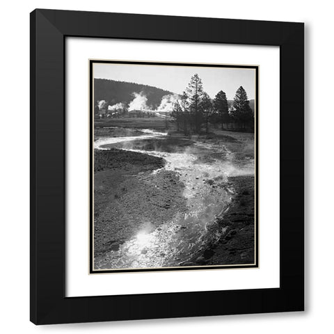 Stream winding back toward geyser, Central Geyser Basin, Yellowstone National Park, Wyoming, ca. 194 Black Modern Wood Framed Art Print with Double Matting by Adams, Ansel