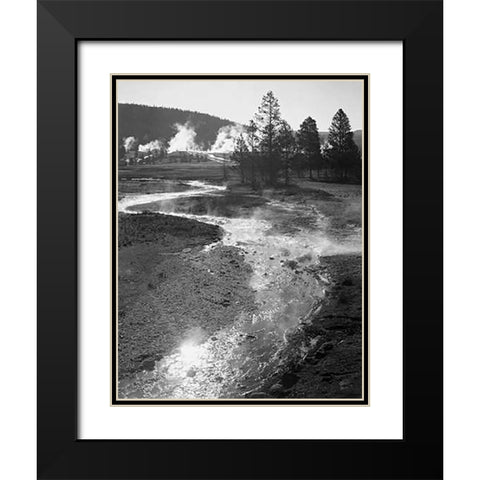 Stream winding back toward geyser, Central Geyser Basin, Yellowstone National Park, Wyoming, ca. 194 Black Modern Wood Framed Art Print with Double Matting by Adams, Ansel
