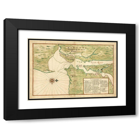 Map of New York City Region - Manatvs gelegen op de Noot Riuier, 1639 Black Modern Wood Framed Art Print with Double Matting by Vinckeboons, Joan