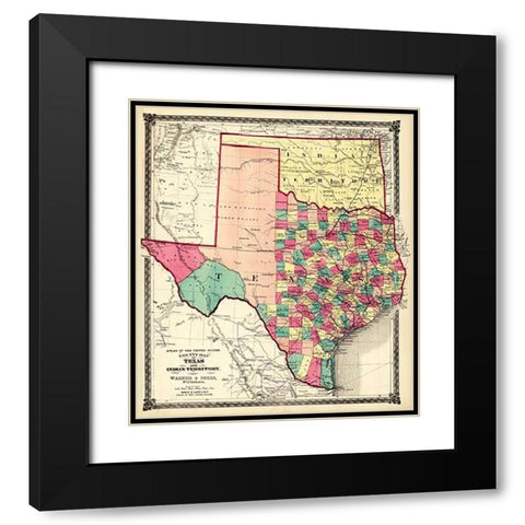 County Map of Texas, and Indian Territory, 1874 Black Modern Wood Framed Art Print with Double Matting by H.H. Lloyd and Company