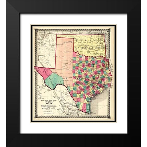County Map of Texas, and Indian Territory, 1874 Black Modern Wood Framed Art Print with Double Matting by H.H. Lloyd and Company