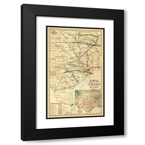 Grays railroad map of Texas. Black Modern Wood Framed Art Print with Double Matting by O.W. Gray and Son.,