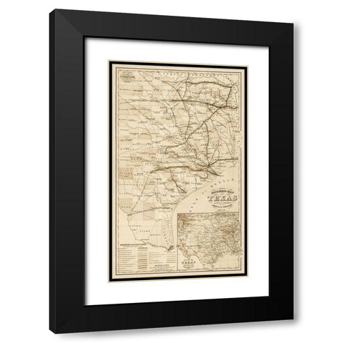 Grays railroad map of Texas - Decorative Sepia Black Modern Wood Framed Art Print with Double Matting by O.W. Gray and Son.,