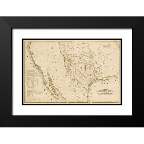 Map of Texas and the countries adjacent, 1844 - Decorative Sepia Black Modern Wood Framed Art Print with Double Matting by H. Emory, William H., Emory, William