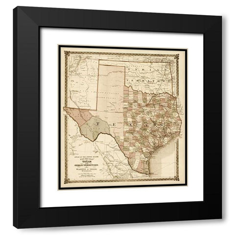 County Map of Texas, and Indian Territory, 1874 - Decorative Sepia Black Modern Wood Framed Art Print with Double Matting by H.H. Lloyd and Company