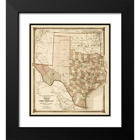 County Map of Texas, and Indian Territory, 1874 - Decorative Sepia Black Modern Wood Framed Art Print with Double Matting by H.H. Lloyd and Company