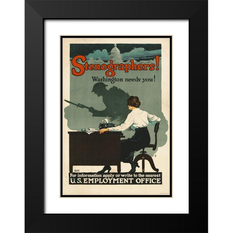 Stenographers! Washington Needs You!, ca. 1918 Black Modern Wood Framed Art Print with Double Matting by Still, Roy Hull