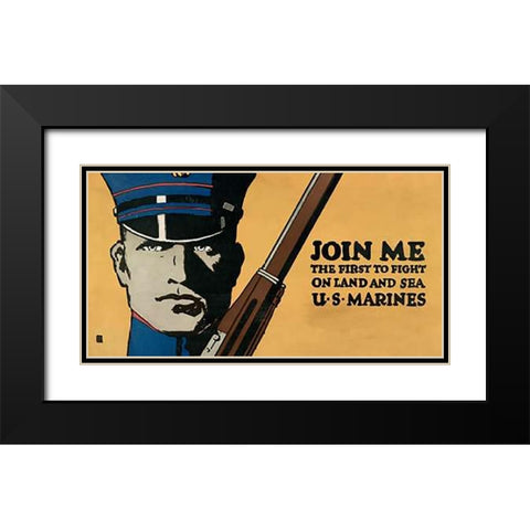 Join me - the first to fight on land and sea - U.S. Marines, 1914/1918 Black Modern Wood Framed Art Print with Double Matting by Falls, Charles Buckles