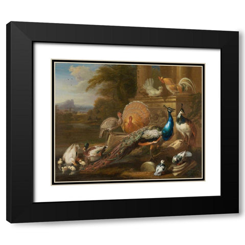 Peacocks, Doves, Turkeys, Chickens and Ducks by a Classical Ruin Black Modern Wood Framed Art Print with Double Matting by Cradock, Marmaduke