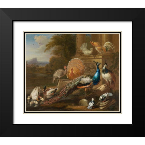 Peacocks, Doves, Turkeys, Chickens and Ducks by a Classical Ruin Black Modern Wood Framed Art Print with Double Matting by Cradock, Marmaduke