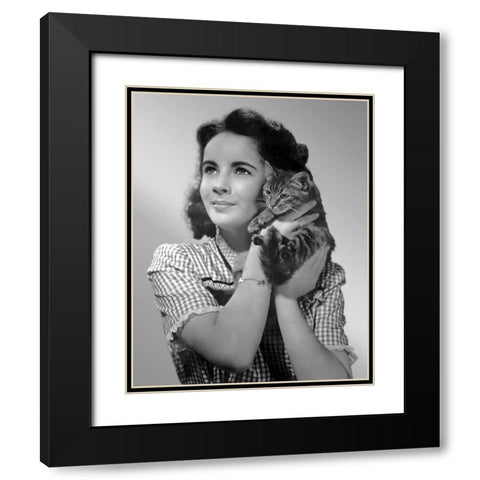 Elizabeth Taylor with kitten Black Modern Wood Framed Art Print with Double Matting by Hollywood Photo Archive