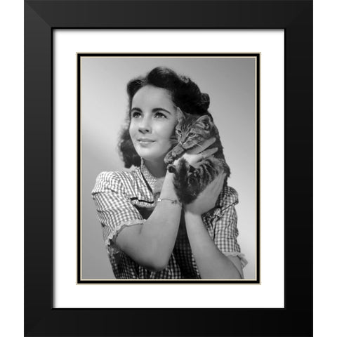 Elizabeth Taylor with kitten Black Modern Wood Framed Art Print with Double Matting by Hollywood Photo Archive