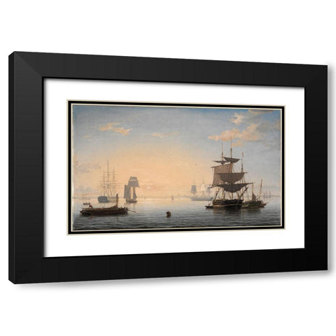 Harbor of Boston with the City in the Distance Black Modern Wood Framed Art Print with Double Matting by Lane, Fitz Henry