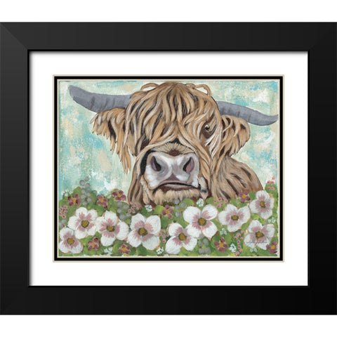 Floral Highland Cow Black Modern Wood Framed Art Print with Double Matting by Justice, Ashley