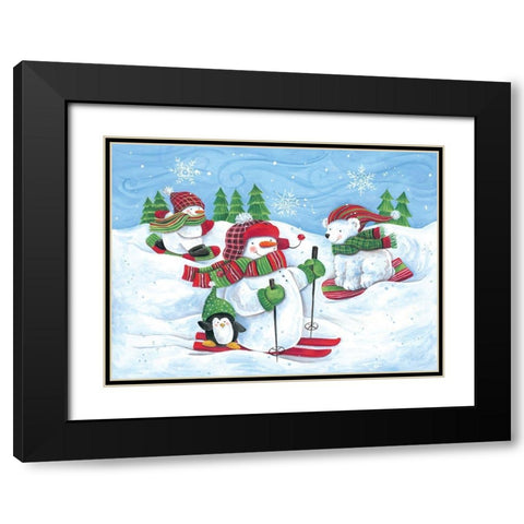 Skiing Snowmen and Animals Black Modern Wood Framed Art Print with Double Matting by Kater, Diane