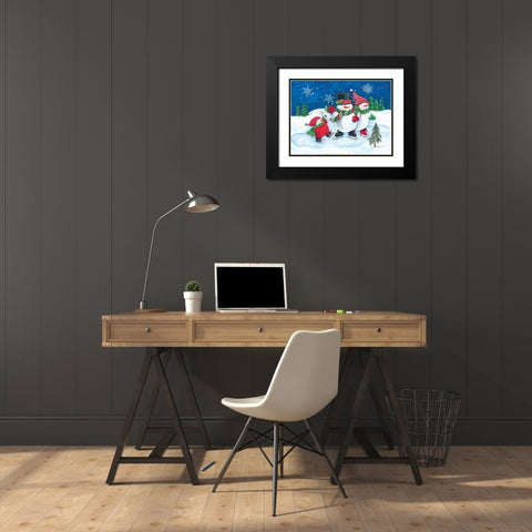 Happy Snowmen Family on Skates Black Modern Wood Framed Art Print with Double Matting by Kater, Diane
