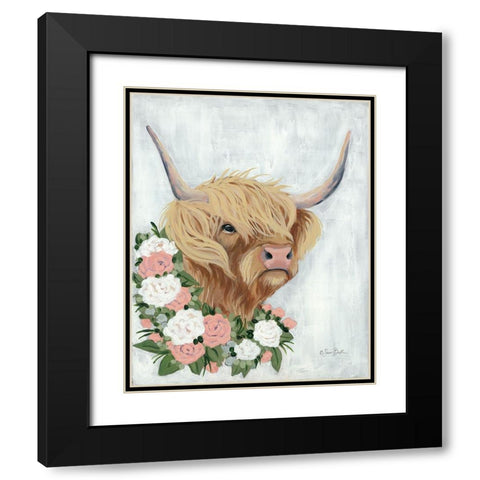 Floral Highlander Cow Black Modern Wood Framed Art Print with Double Matting by Baker, Sara