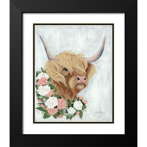Floral Highlander Cow Black Modern Wood Framed Art Print with Double Matting by Baker, Sara