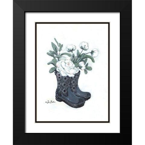 Rain Boot Peonies Black Modern Wood Framed Art Print with Double Matting by Baker, Sara