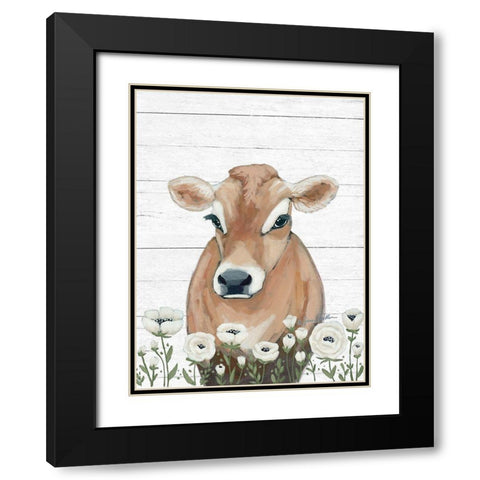 Cow With Flowers Black Modern Wood Framed Art Print with Double Matting by Baker, Sara