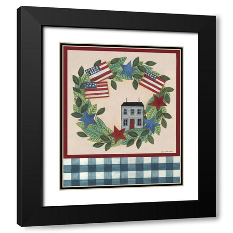 Patriotic Saltbox House Wreath Black Modern Wood Framed Art Print with Double Matting by Deming, Bernadette