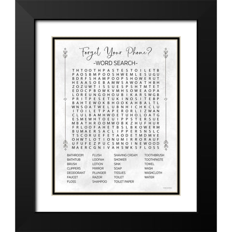 Bathroom Wordsearch Black Modern Wood Framed Art Print with Double Matting by Lady Louise Designs