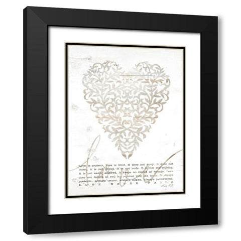 Love Never Fails with Heart Black Modern Wood Framed Art Print with Double Matting by Jacobs, Cindy