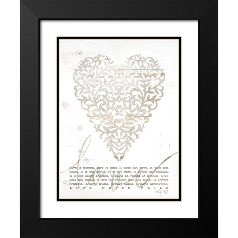 Love Never Fails with Heart Black Modern Wood Framed Art Print with Double Matting by Jacobs, Cindy