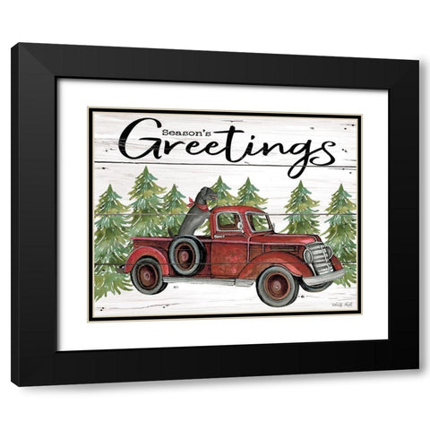 Seasons Greetings Red Truck Black Modern Wood Framed Art Print with Double Matting by Jacobs, Cindy