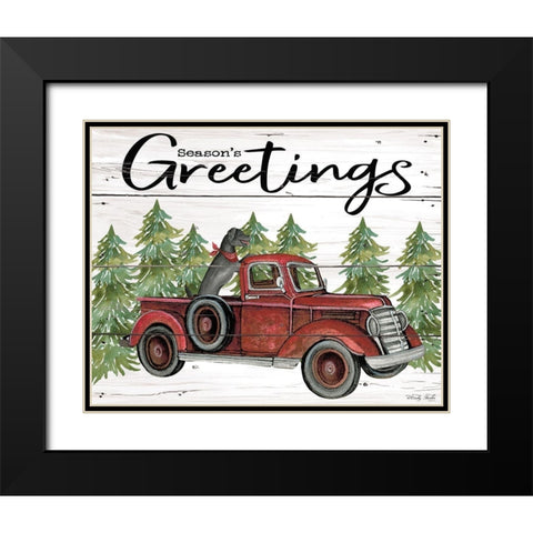Seasons Greetings Red Truck Black Modern Wood Framed Art Print with Double Matting by Jacobs, Cindy