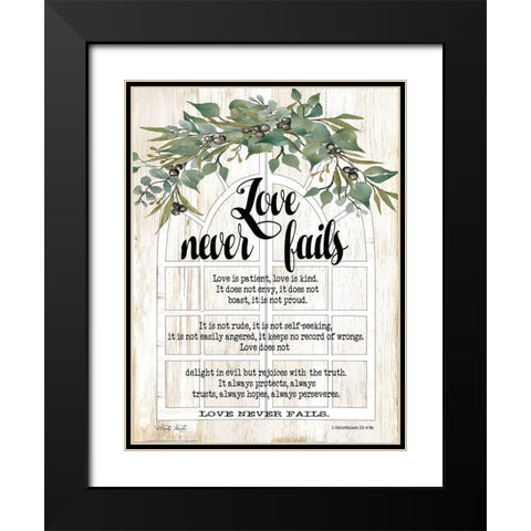 Berry Swag Love Never Fails Black Modern Wood Framed Art Print with Double Matting by Jacobs, Cindy
