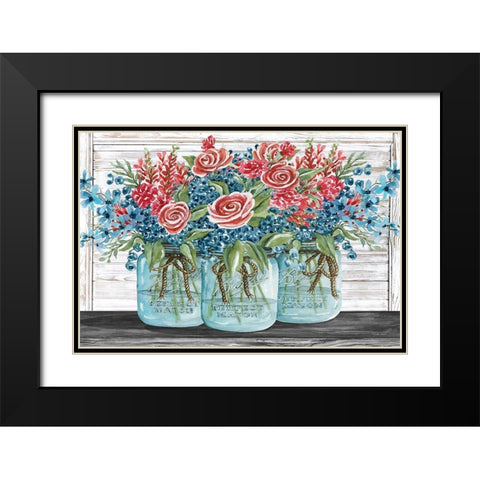 Red, White and Blue Jars with  White Flowers Black Modern Wood Framed Art Print with Double Matting by Jacobs, Cindy