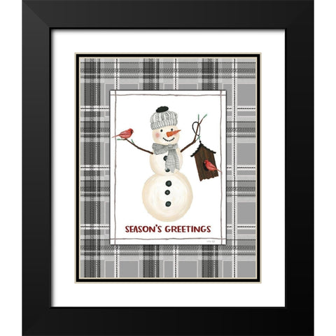 Seasons Greetings Snowman Black Modern Wood Framed Art Print with Double Matting by Jacobs, Cindy