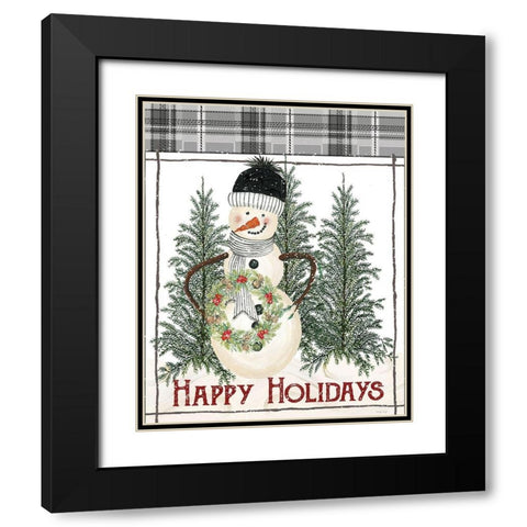 Happy Holidays Snowman Black Modern Wood Framed Art Print with Double Matting by Jacobs, Cindy
