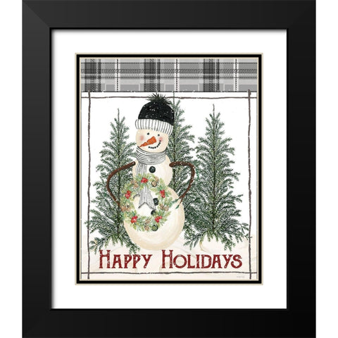 Happy Holidays Snowman Black Modern Wood Framed Art Print with Double Matting by Jacobs, Cindy